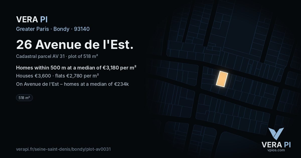 26 Avenue de l'Est, Bondy at night – the plot lit, the parcels around coloured by the prices near them