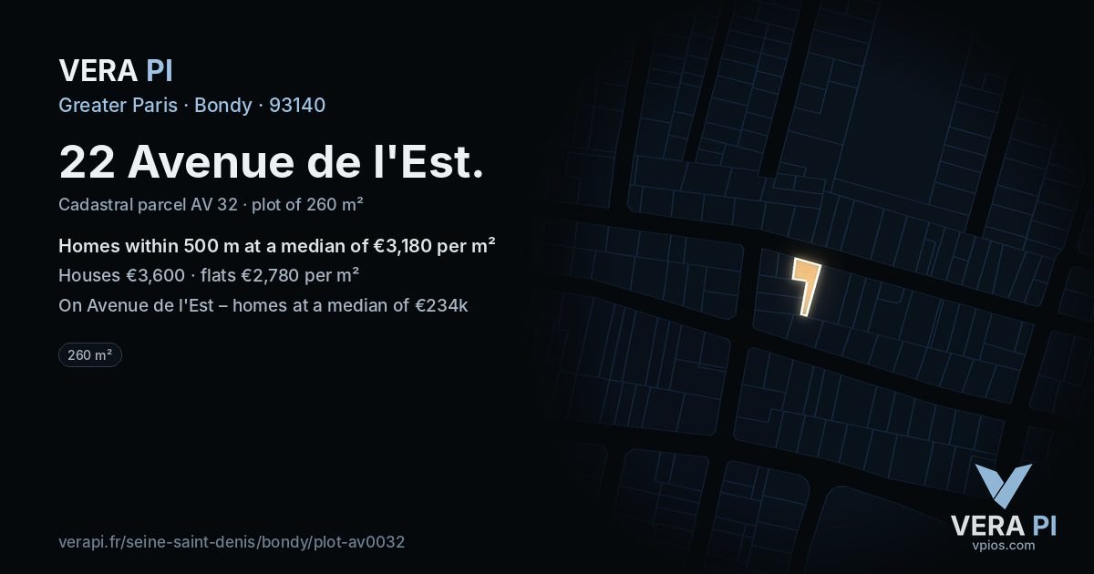 22 Avenue de l'Est, Bondy at night – the plot lit, the parcels around coloured by the prices near them