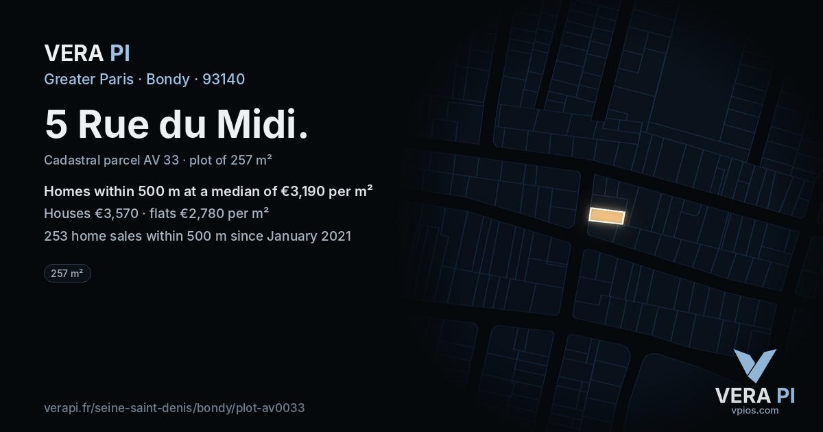 5 Rue du Midi, Bondy at night – the plot lit, the parcels around coloured by the prices near them