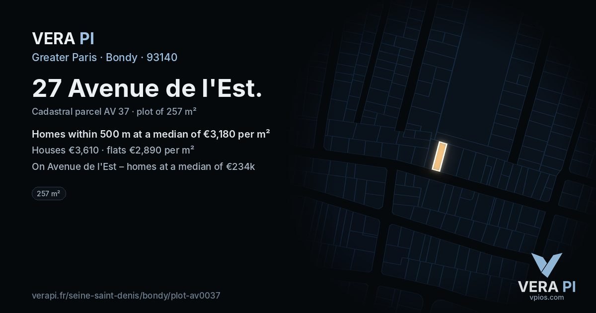 27 Avenue de l'Est, Bondy at night – the plot lit, the parcels around coloured by the prices near them