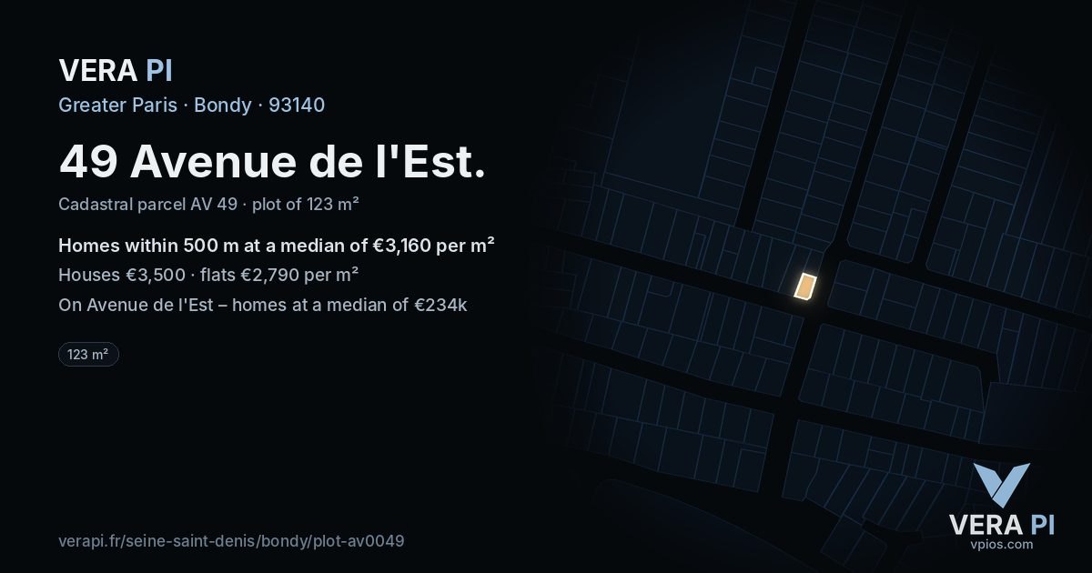 49 Avenue de l'Est, Bondy at night – the plot lit, the parcels around coloured by the prices near them