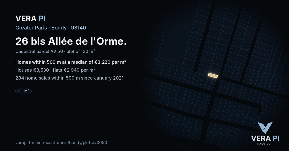 26 bis Allée de l'Orme, Bondy at night – the plot lit, the parcels around coloured by the prices near them