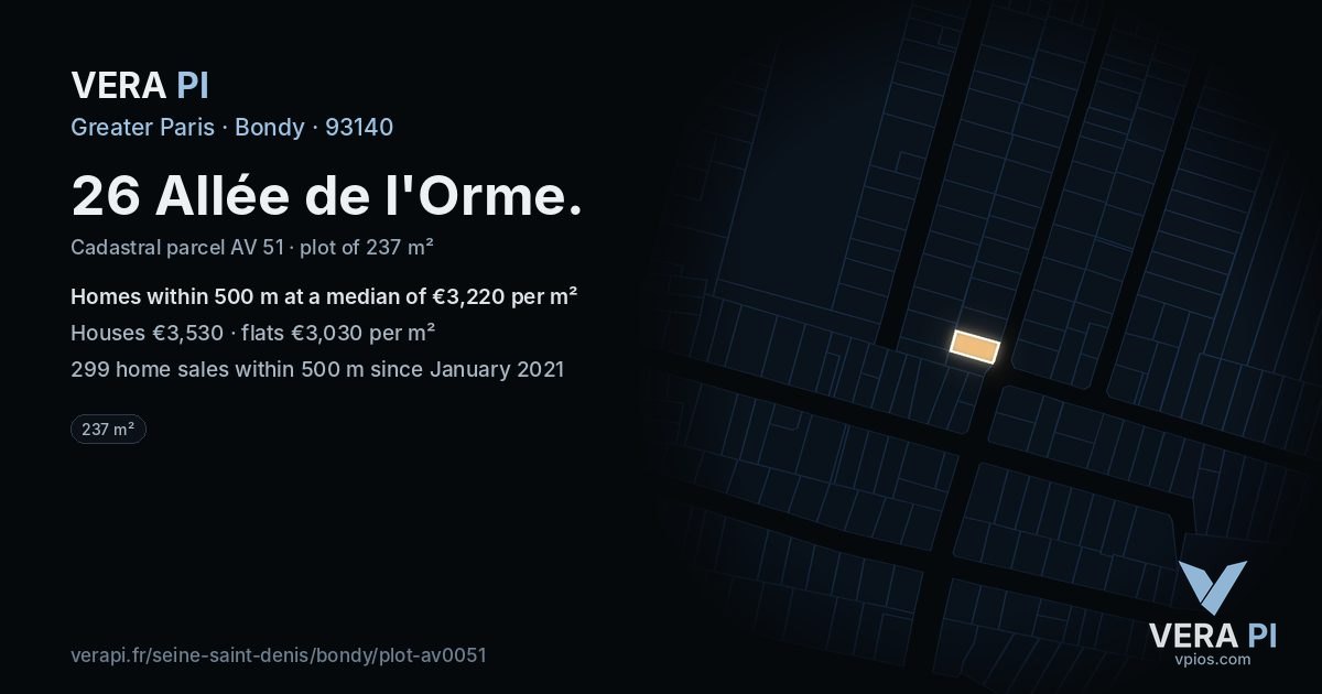 26 Allée de l'Orme, Bondy at night – the plot lit, the parcels around coloured by the prices near them