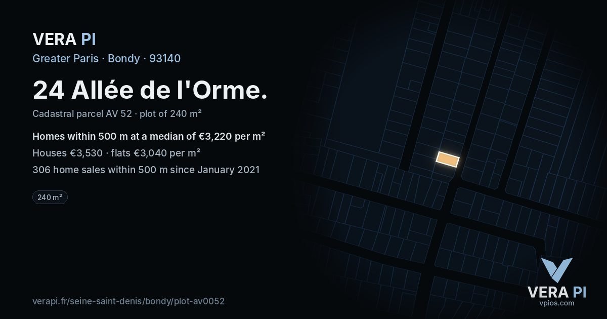 24 Allée de l'Orme, Bondy at night – the plot lit, the parcels around coloured by the prices near them