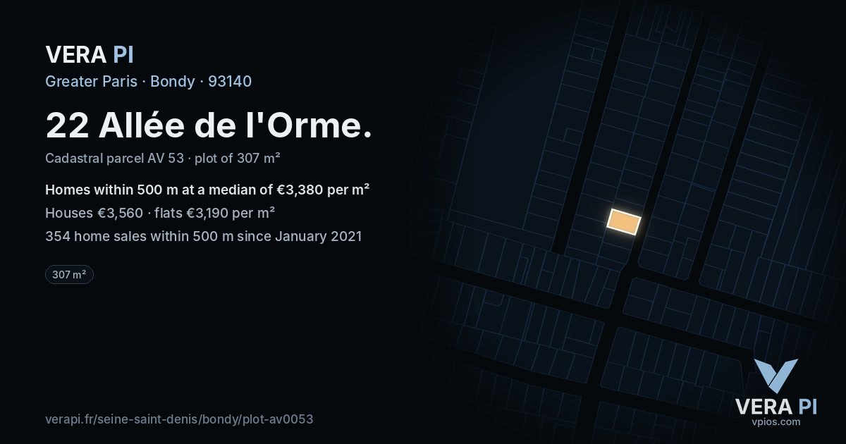 22 Allée de l'Orme, Bondy at night – the plot lit, the parcels around coloured by the prices near them