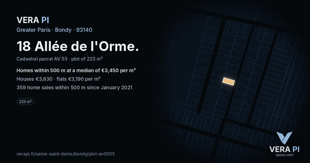 18 Allée de l'Orme, Bondy at night – the plot lit, the parcels around coloured by the prices near them