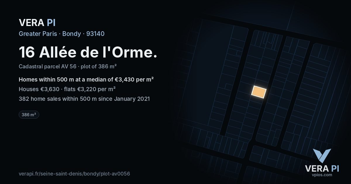 16 Allée de l'Orme, Bondy at night – the plot lit, the parcels around coloured by the prices near them