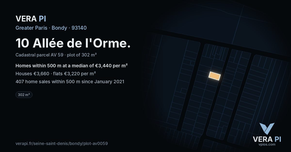 10 Allée de l'Orme, Bondy at night – the plot lit, the parcels around coloured by the prices near them