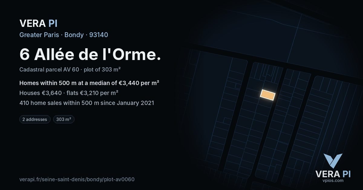 6 Allée de l'Orme, Bondy at night – the plot lit, the parcels around coloured by the prices near them