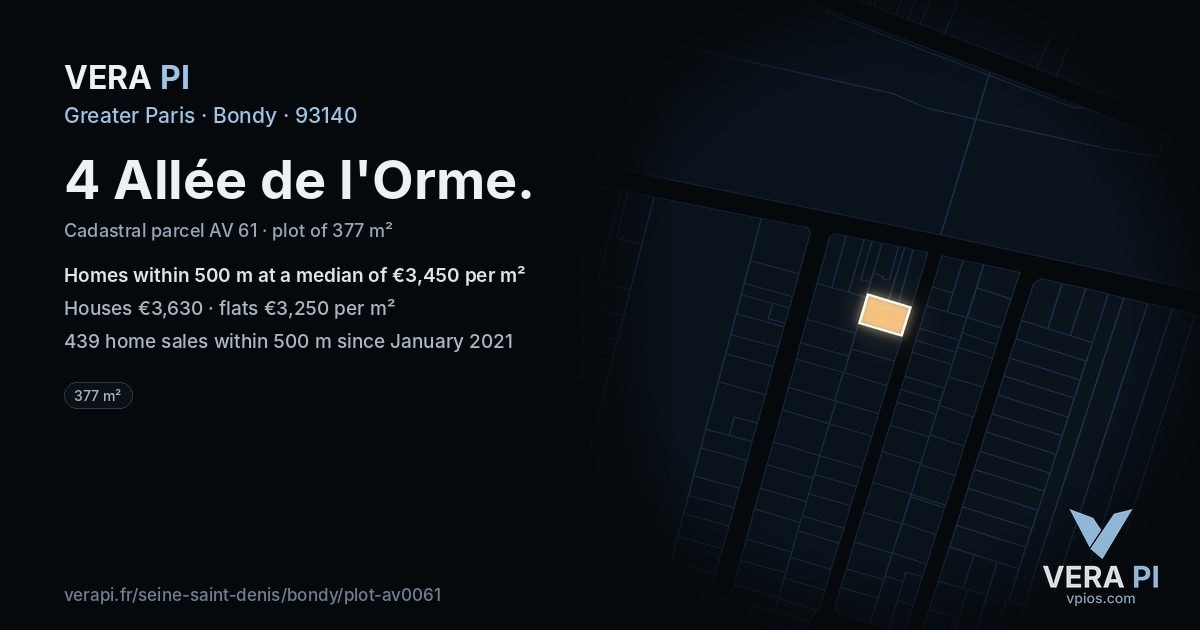 4 Allée de l'Orme, Bondy at night – the plot lit, the parcels around coloured by the prices near them