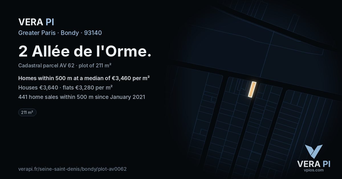 2 Allée de l'Orme, Bondy at night – the plot lit, the parcels around coloured by the prices near them
