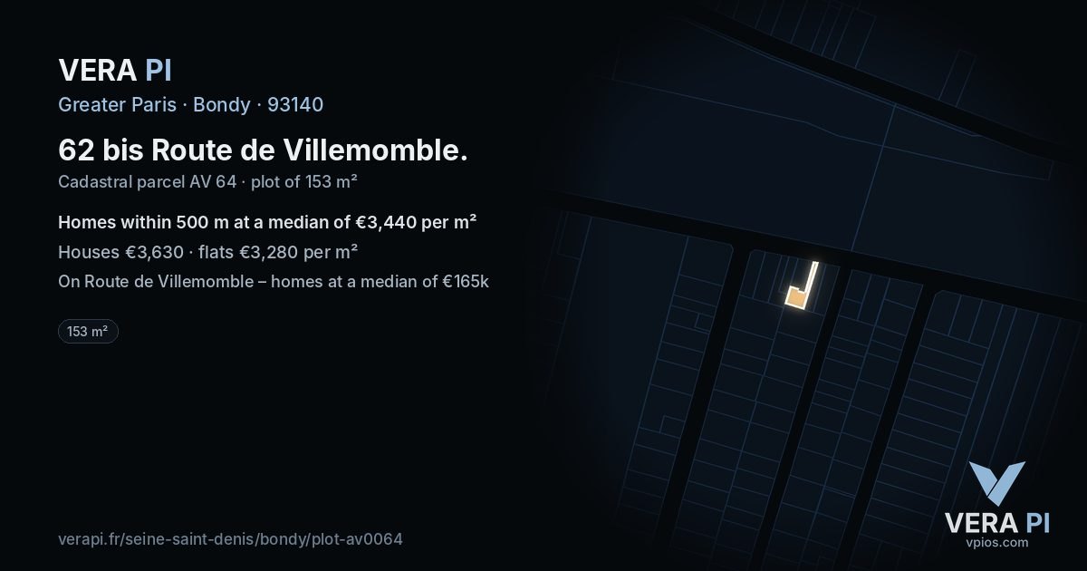 62 bis Route de Villemomble, Bondy at night – the plot lit, the parcels around coloured by the prices near them