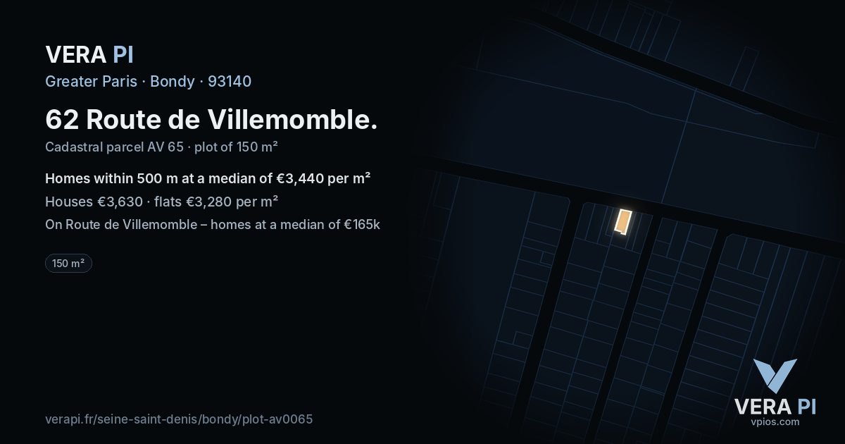 62 Route de Villemomble, Bondy at night – the plot lit, the parcels around coloured by the prices near them