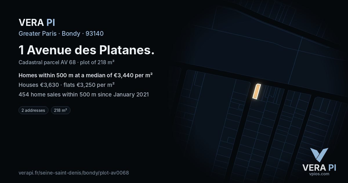 1 Avenue des Platanes, Bondy at night – the plot lit, the parcels around coloured by the prices near them