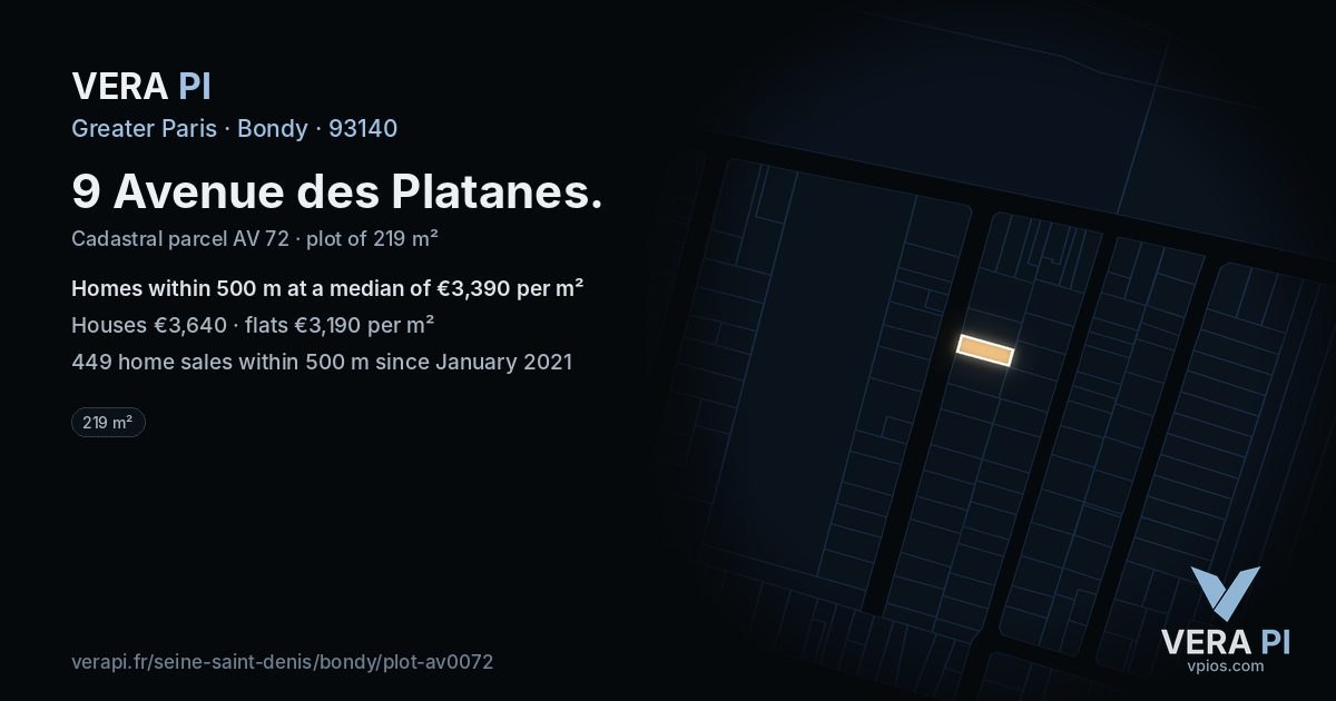 9 Avenue des Platanes, Bondy at night – the plot lit, the parcels around coloured by the prices near them