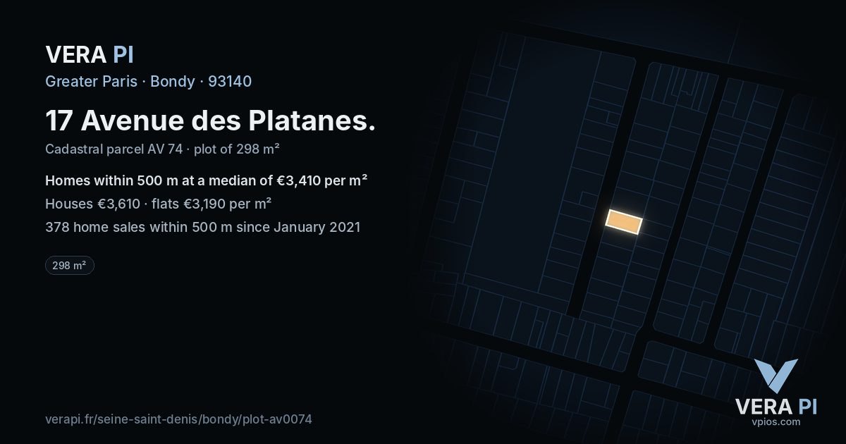 17 Avenue des Platanes, Bondy at night – the plot lit, the parcels around coloured by the prices near them