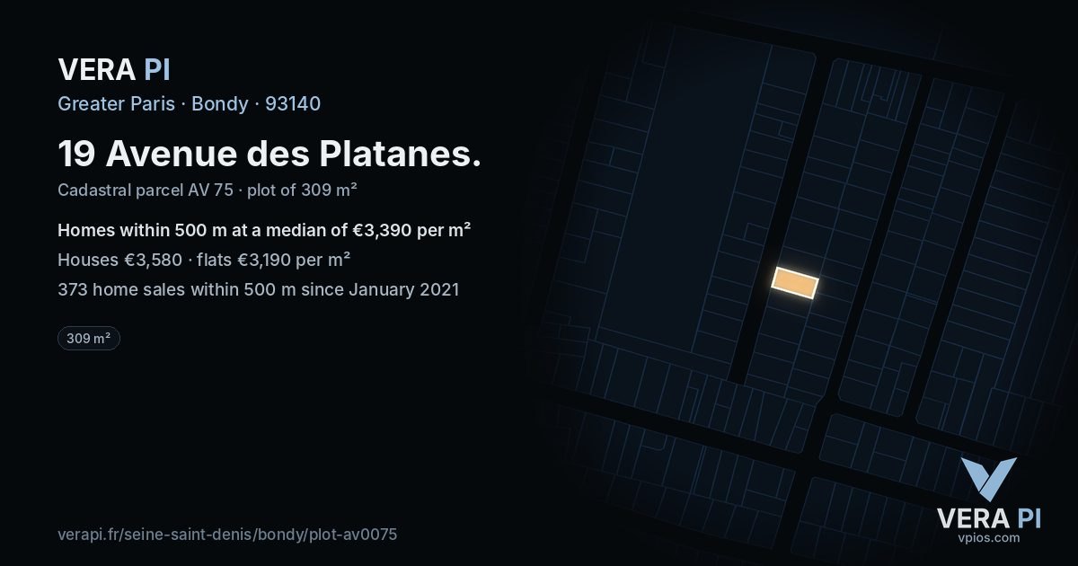 19 Avenue des Platanes, Bondy at night – the plot lit, the parcels around coloured by the prices near them