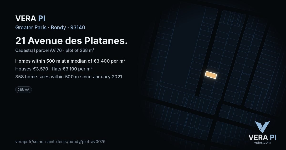 21 Avenue des Platanes, Bondy at night – the plot lit, the parcels around coloured by the prices near them