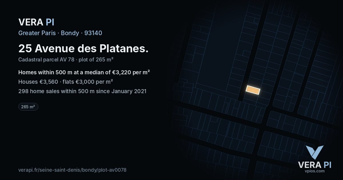 25 Avenue des Platanes, Bondy at night – the plot lit, the parcels around coloured by the prices near them