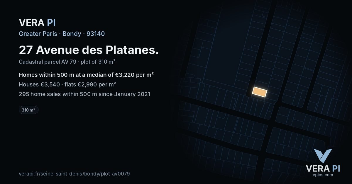 27 Avenue des Platanes, Bondy at night – the plot lit, the parcels around coloured by the prices near them