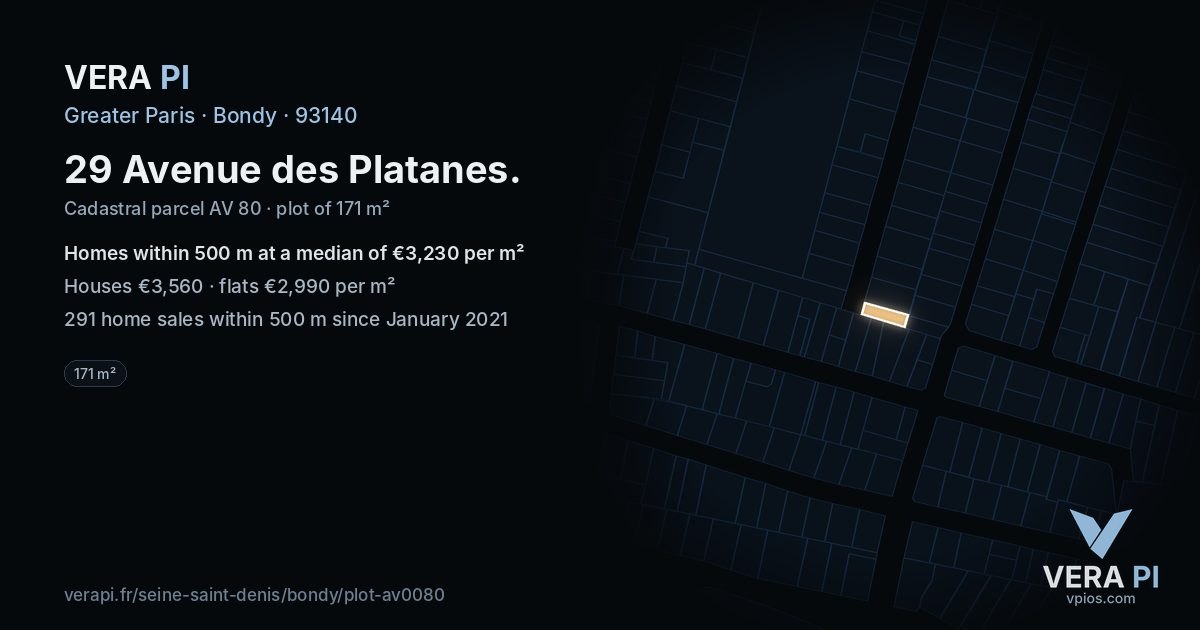 29 Avenue des Platanes, Bondy at night – the plot lit, the parcels around coloured by the prices near them