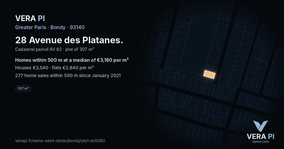 28 Avenue des Platanes, Bondy at night – the plot lit, the parcels around coloured by the prices near them