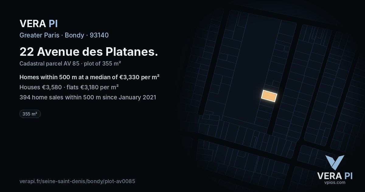 22 Avenue des Platanes, Bondy at night – the plot lit, the parcels around coloured by the prices near them