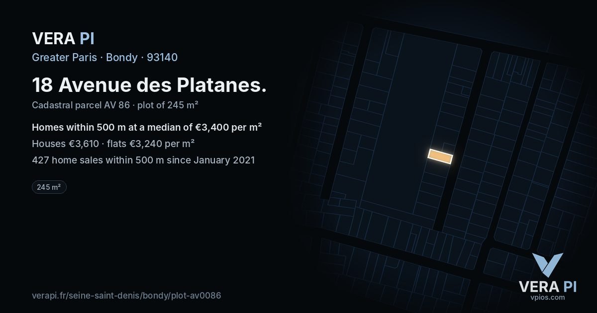 18 Avenue des Platanes, Bondy at night – the plot lit, the parcels around coloured by the prices near them