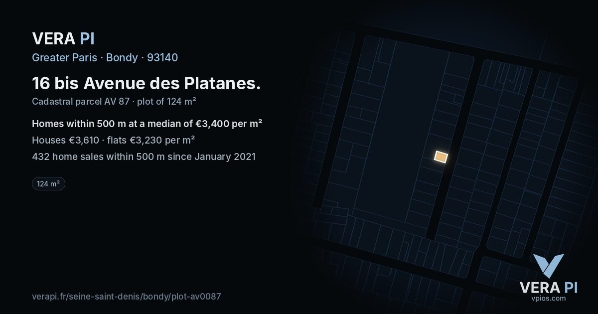 16 bis Avenue des Platanes, Bondy at night – the plot lit, the parcels around coloured by the prices near them