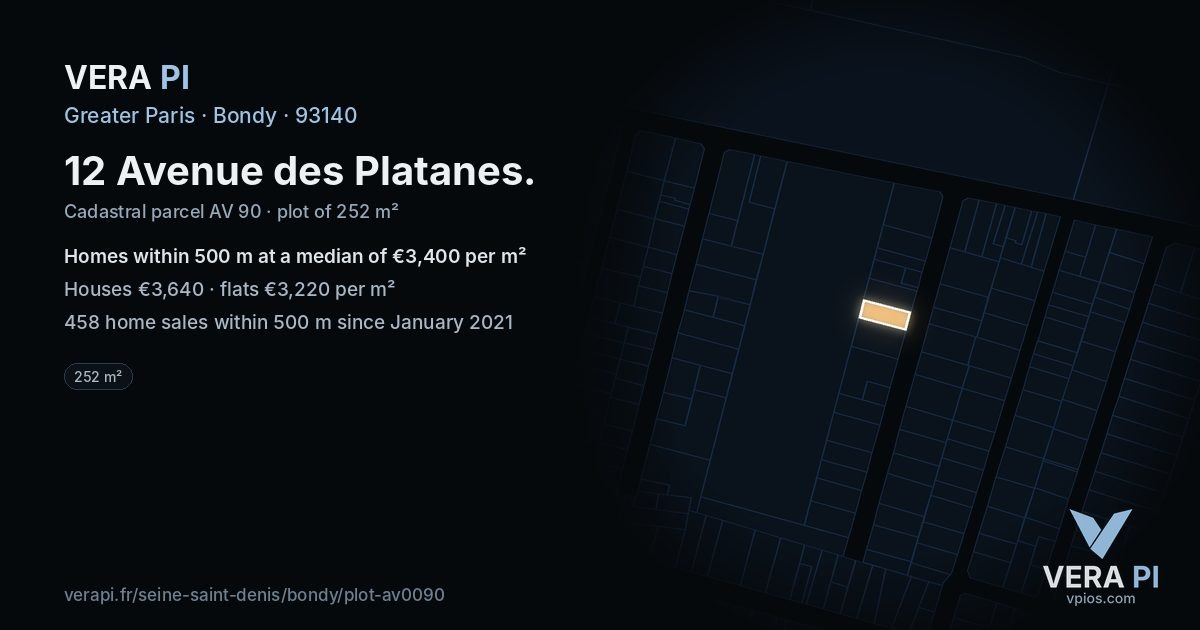 12 Avenue des Platanes, Bondy at night – the plot lit, the parcels around coloured by the prices near them