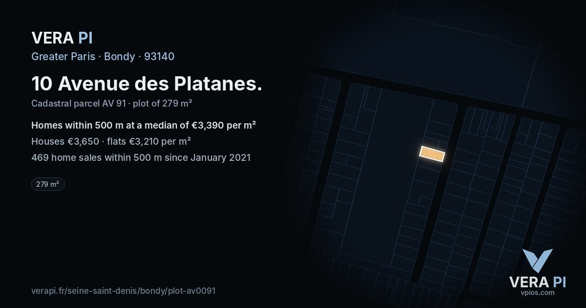 10 Avenue des Platanes, Bondy at night – the plot lit, the parcels around coloured by the prices near them