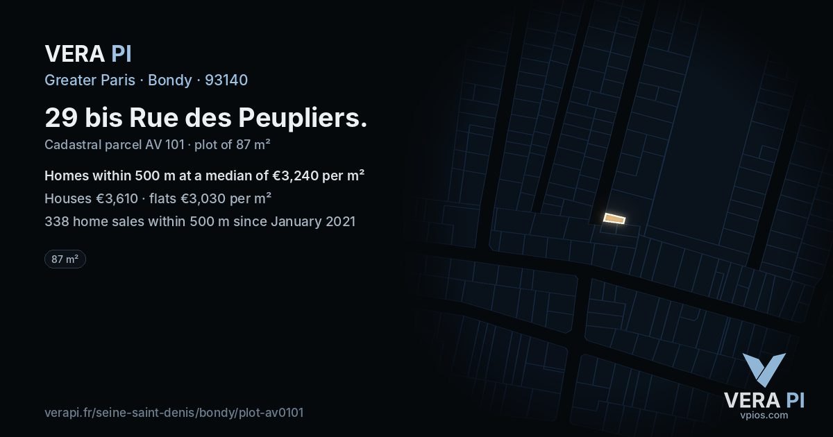 29 bis Rue des Peupliers, Bondy at night – the plot lit, the parcels around coloured by the prices near them