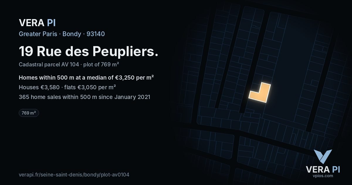 19 Rue des Peupliers, Bondy at night – the plot lit, the parcels around coloured by the prices near them