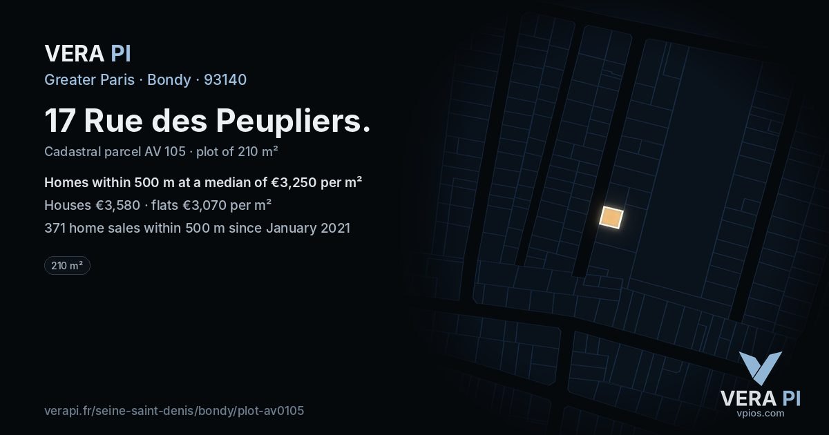 17 Rue des Peupliers, Bondy at night – the plot lit, the parcels around coloured by the prices near them