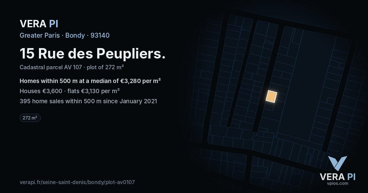 15 Rue des Peupliers, Bondy at night – the plot lit, the parcels around coloured by the prices near them