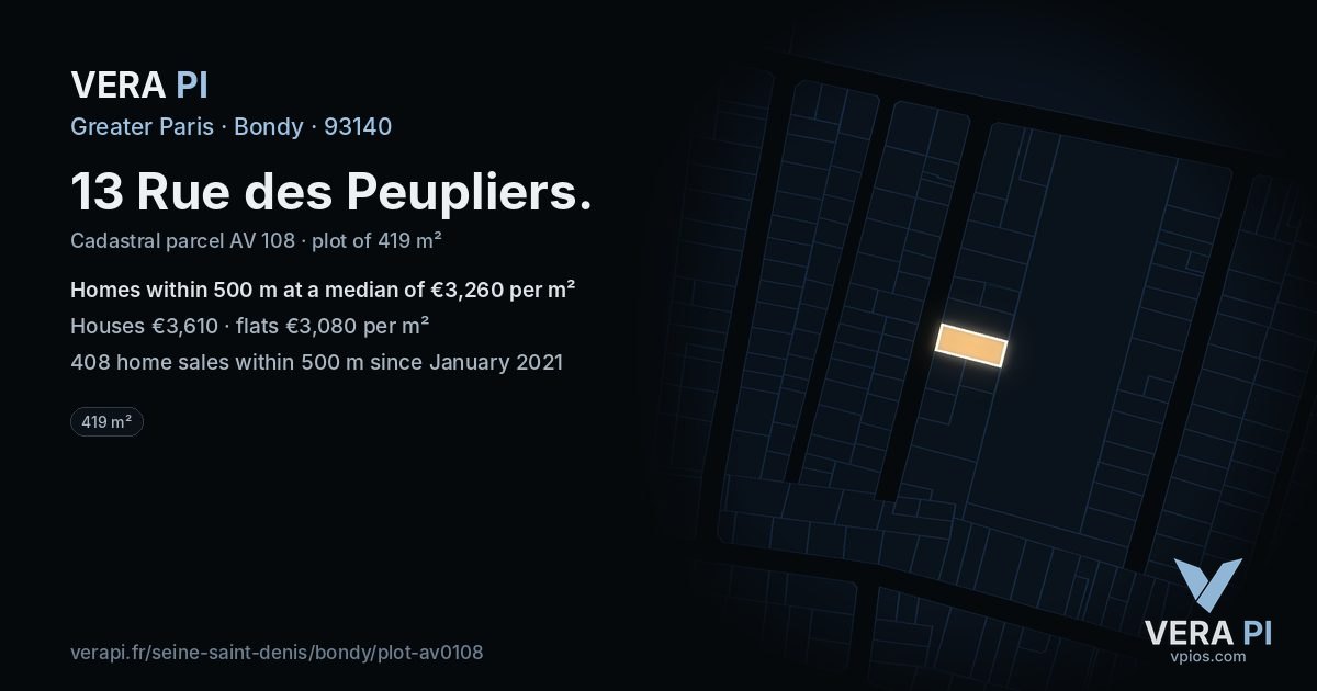 13 Rue des Peupliers, Bondy at night – the plot lit, the parcels around coloured by the prices near them
