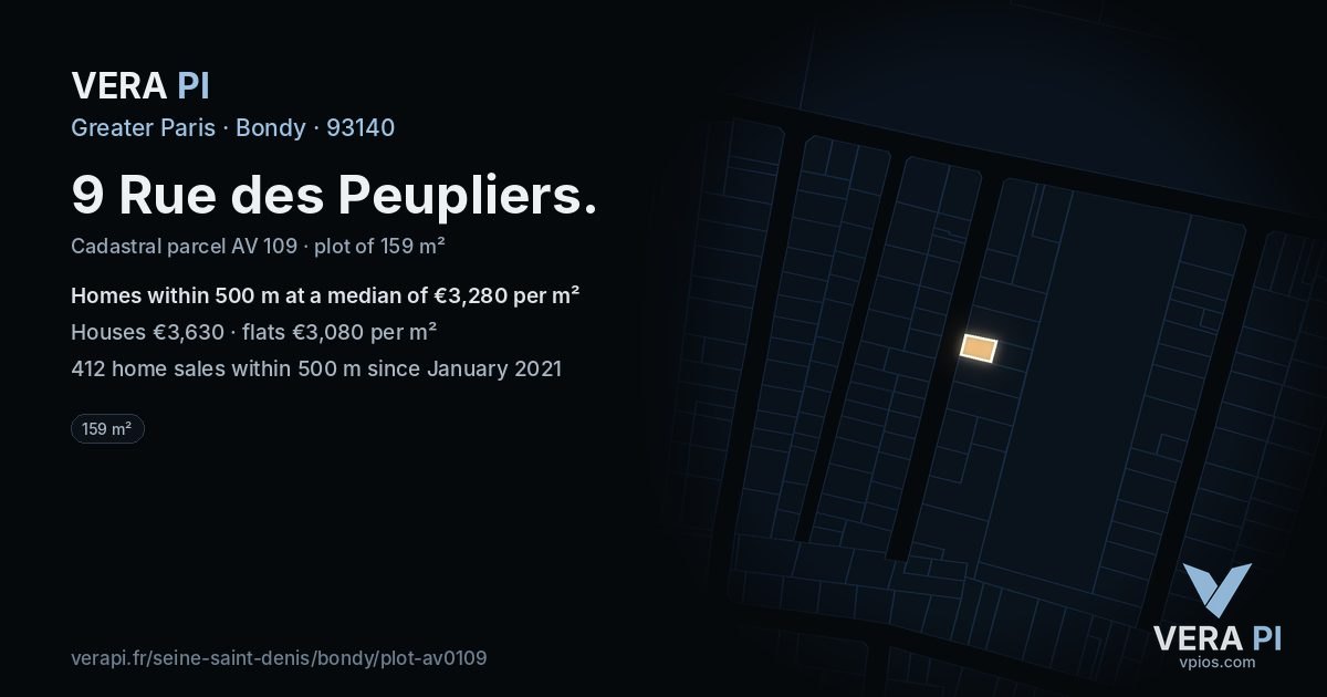 9 Rue des Peupliers, Bondy at night – the plot lit, the parcels around coloured by the prices near them