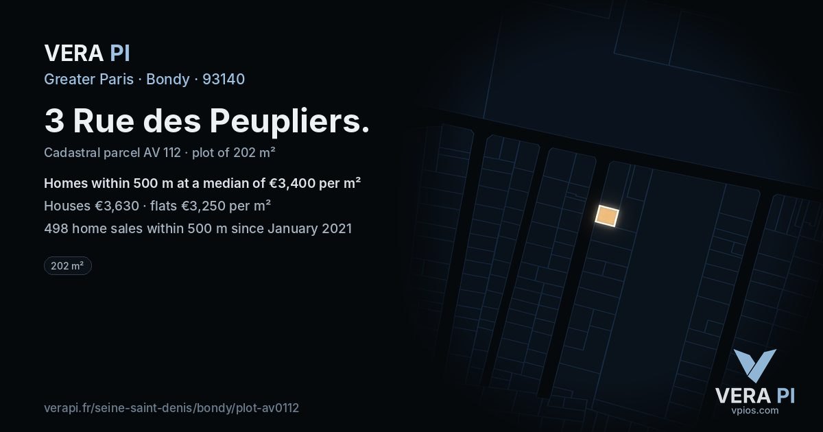 3 Rue des Peupliers, Bondy at night – the plot lit, the parcels around coloured by the prices near them
