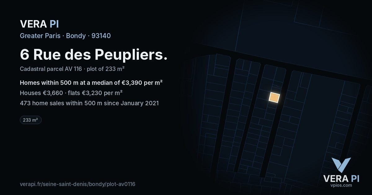 6 Rue des Peupliers, Bondy at night – the plot lit, the parcels around coloured by the prices near them