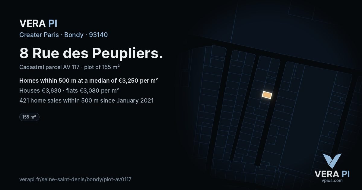 8 Rue des Peupliers, Bondy at night – the plot lit, the parcels around coloured by the prices near them