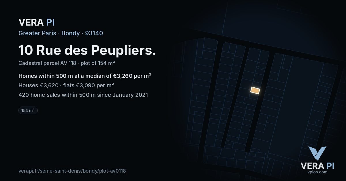 10 Rue des Peupliers, Bondy at night – the plot lit, the parcels around coloured by the prices near them