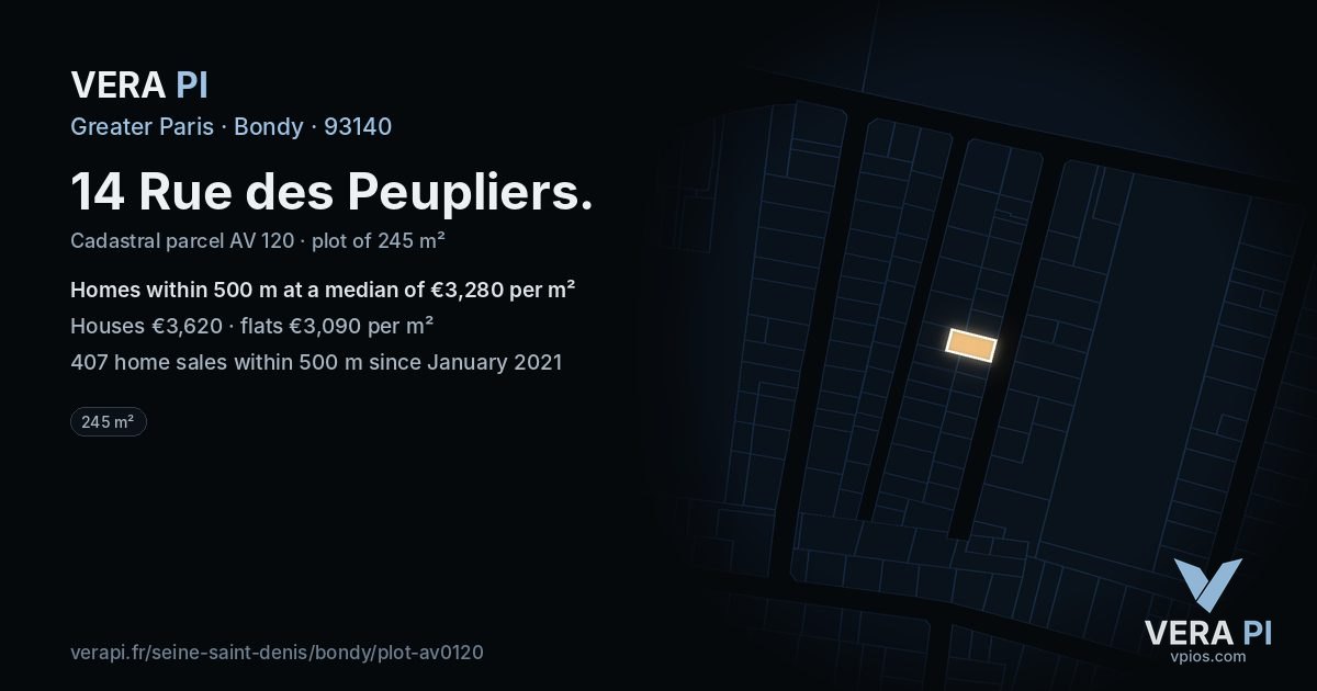 14 Rue des Peupliers, Bondy at night – the plot lit, the parcels around coloured by the prices near them