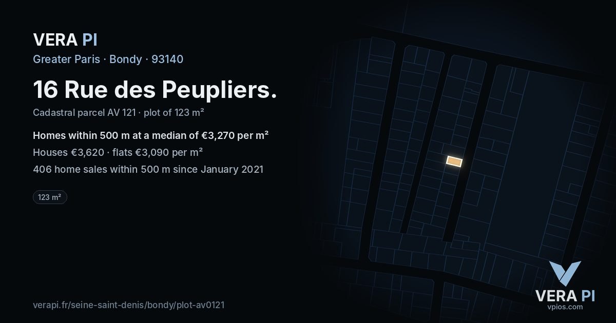 16 Rue des Peupliers, Bondy at night – the plot lit, the parcels around coloured by the prices near them