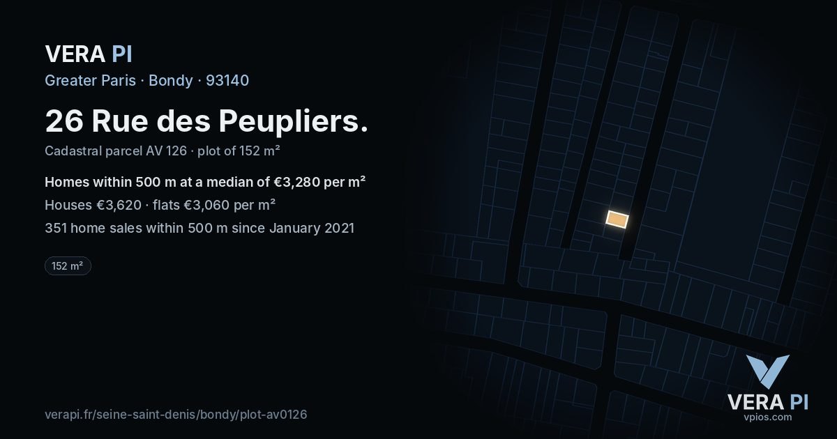 26 Rue des Peupliers, Bondy at night – the plot lit, the parcels around coloured by the prices near them
