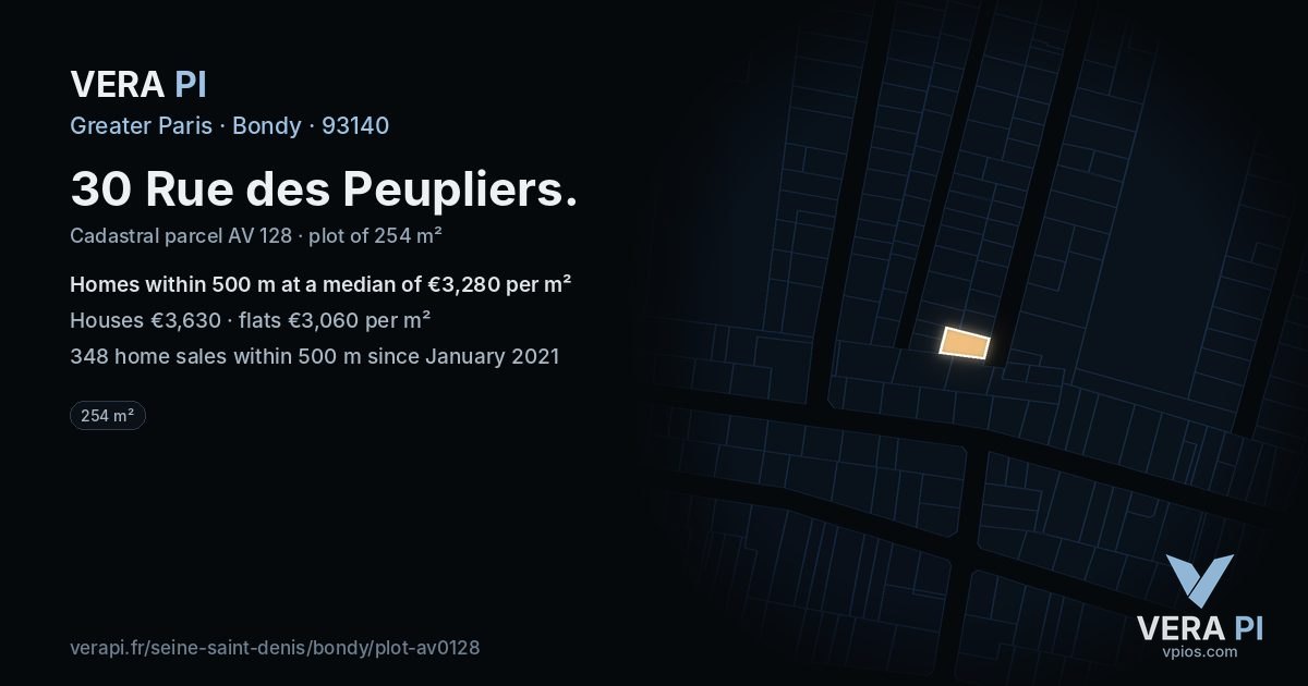 30 Rue des Peupliers, Bondy at night – the plot lit, the parcels around coloured by the prices near them