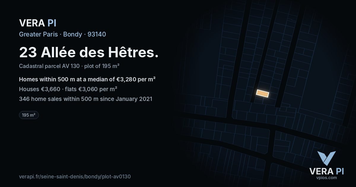 23 Allée des Hêtres, Bondy at night – the plot lit, the parcels around coloured by the prices near them