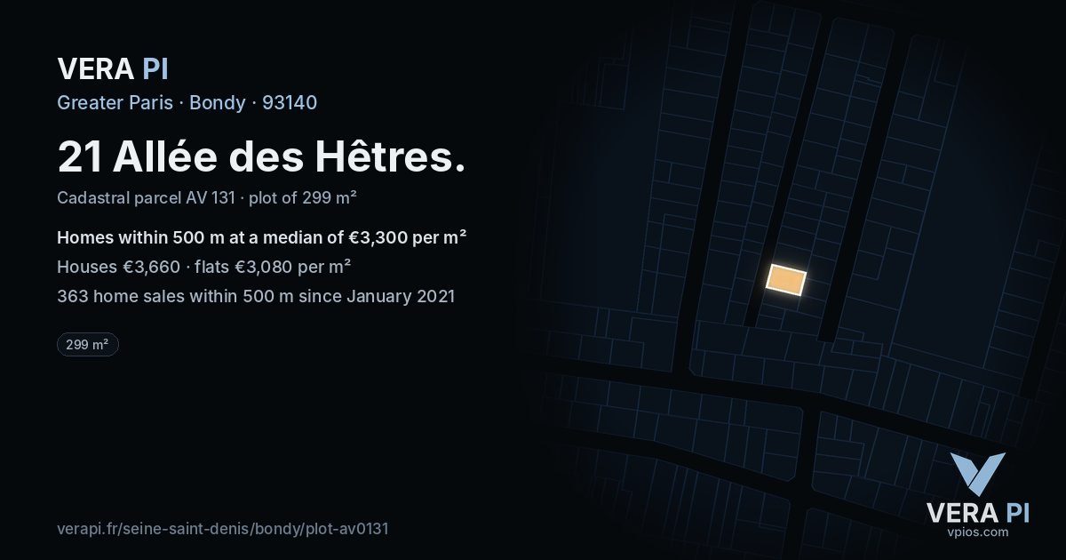 21 Allée des Hêtres, Bondy at night – the plot lit, the parcels around coloured by the prices near them