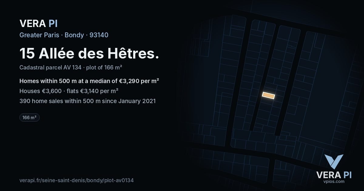15 Allée des Hêtres, Bondy at night – the plot lit, the parcels around coloured by the prices near them
