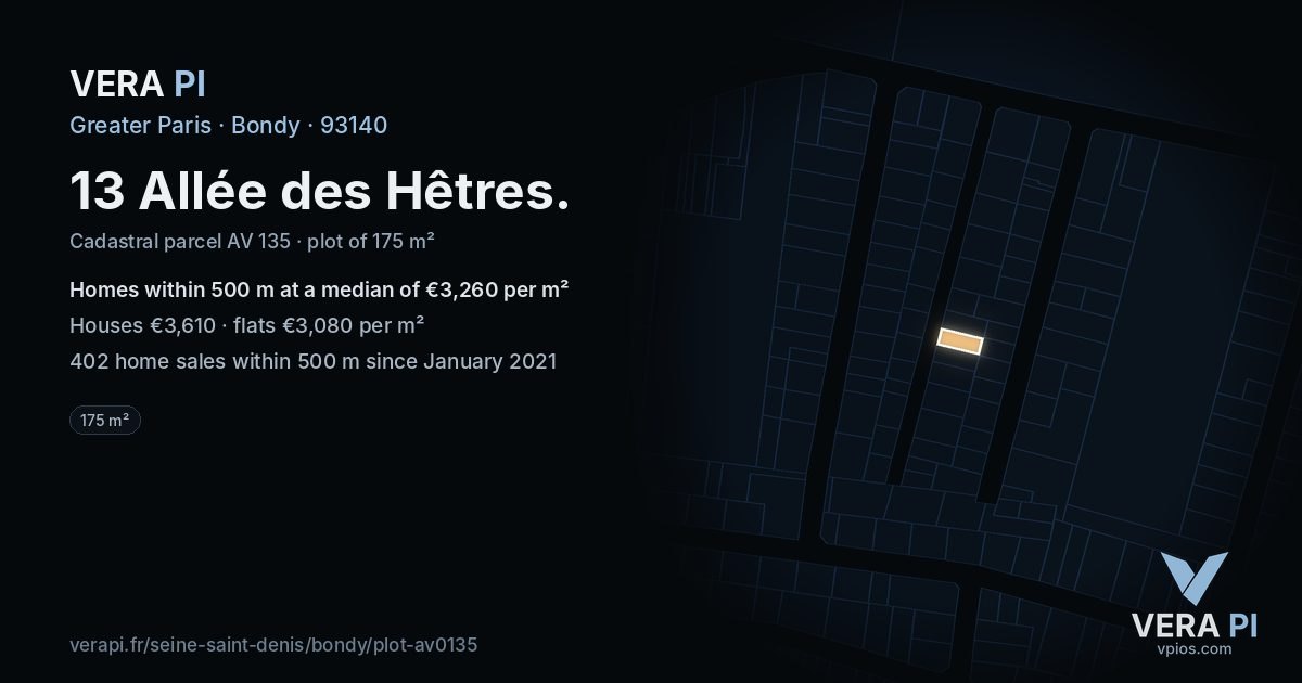 13 Allée des Hêtres, Bondy at night – the plot lit, the parcels around coloured by the prices near them