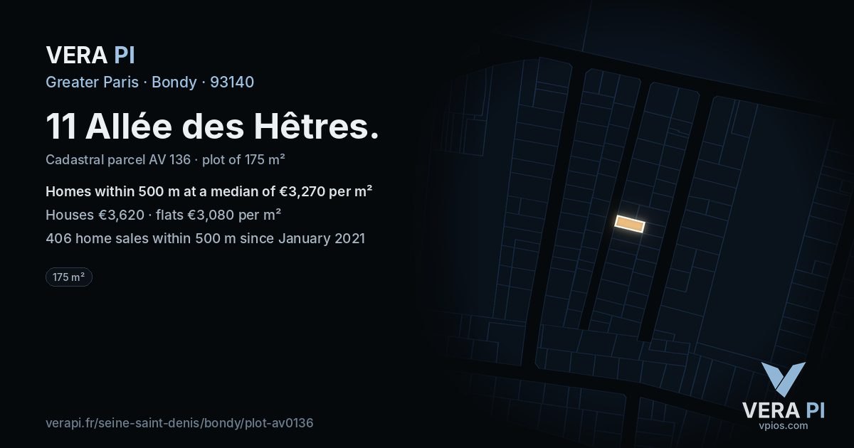11 Allée des Hêtres, Bondy at night – the plot lit, the parcels around coloured by the prices near them